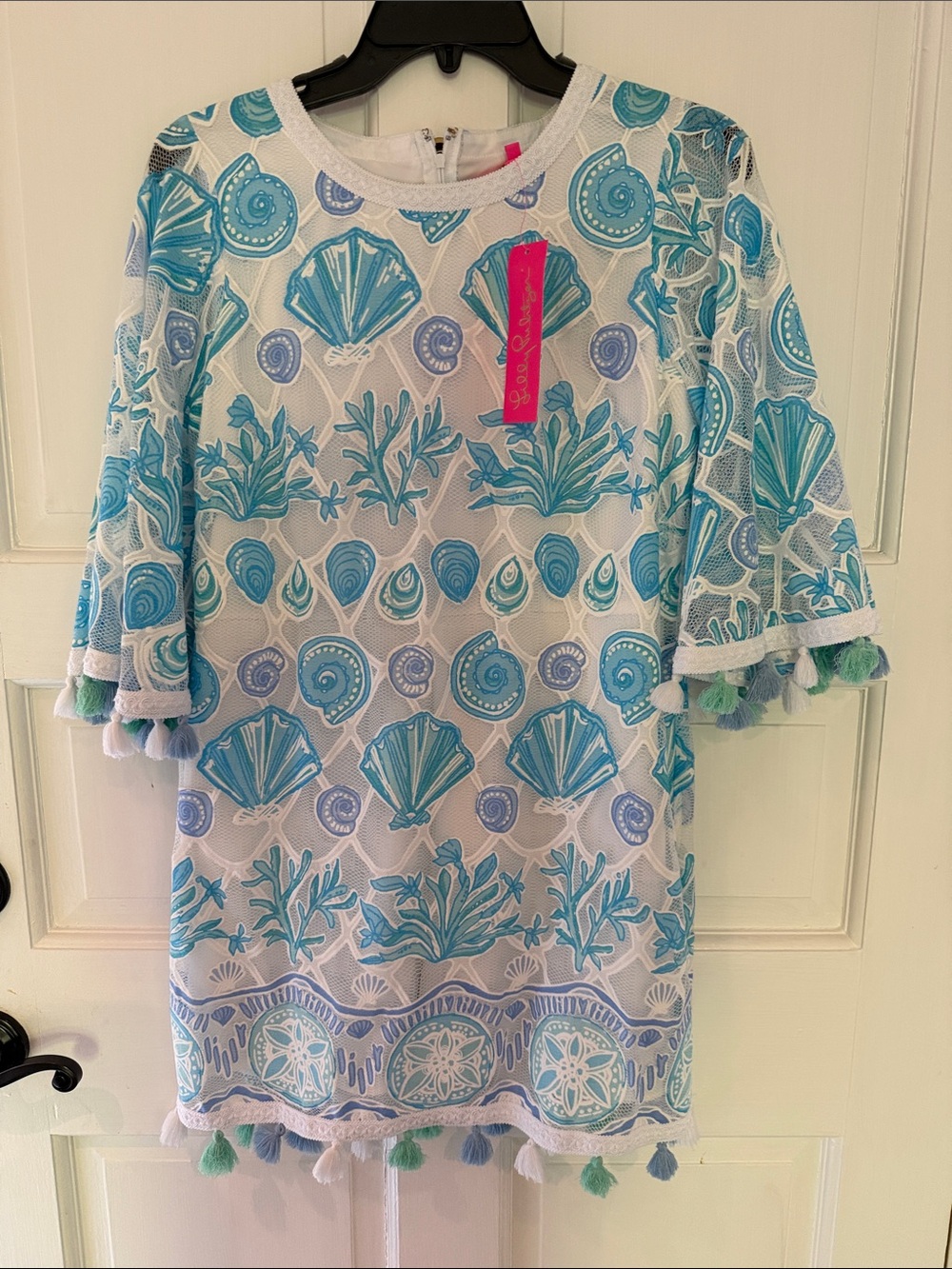 Sea Shell Embroidered Mesh Romper Blue & White